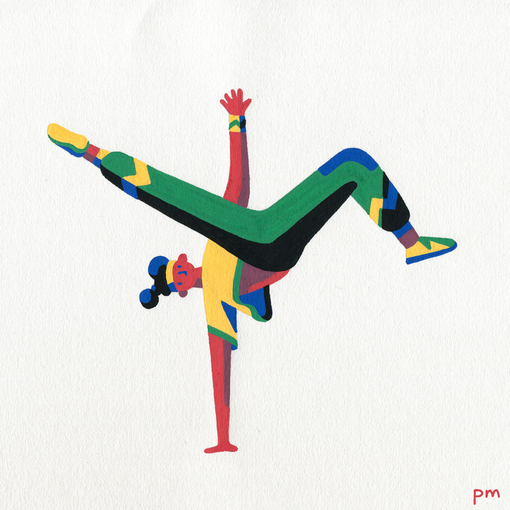 An illustration painting of a breakdancer dancing, hand drawn with colourful posca markers