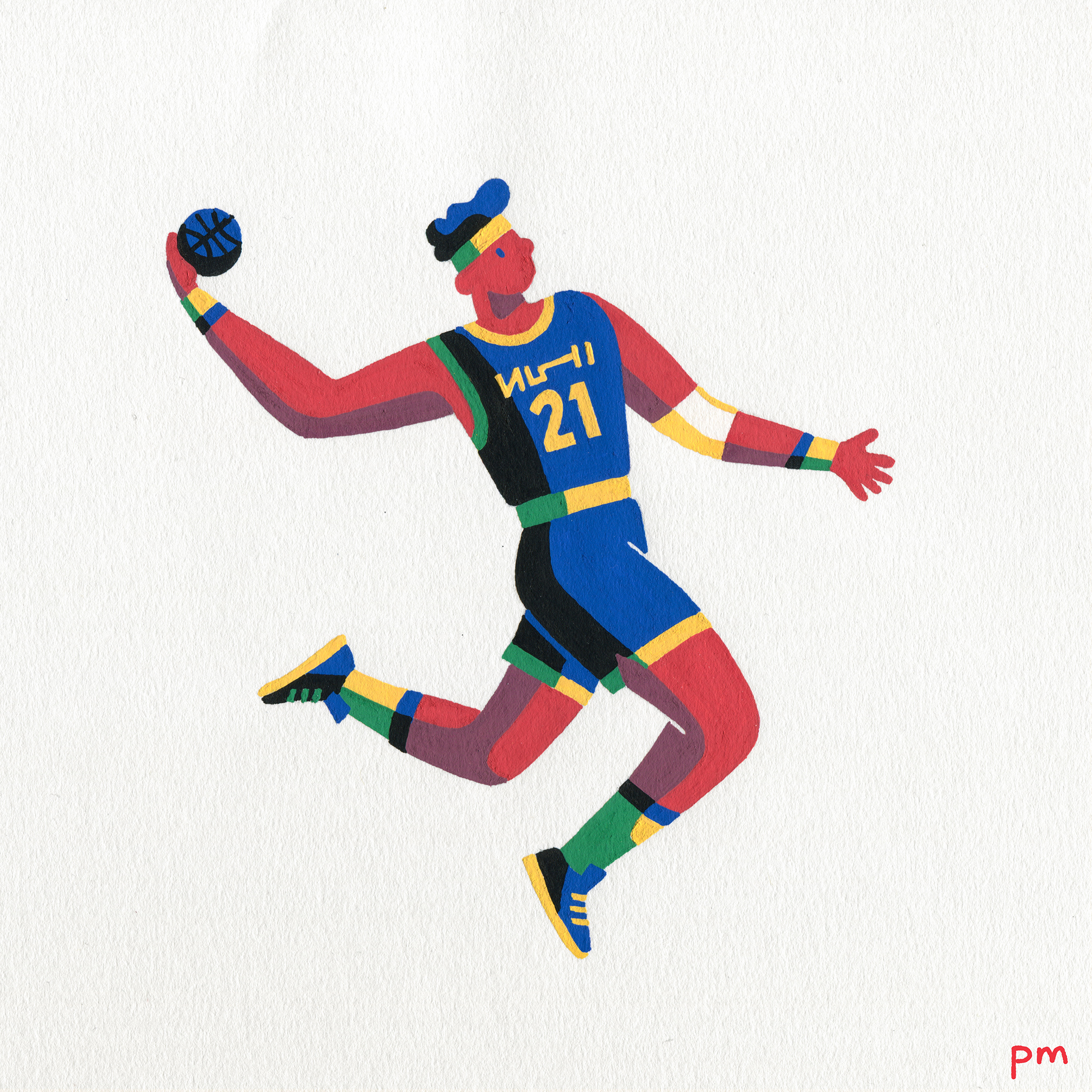 Here is an illustrated basketball player, mid air about to slam dunk created for my sports series, In Motion, inspired by the NBA season