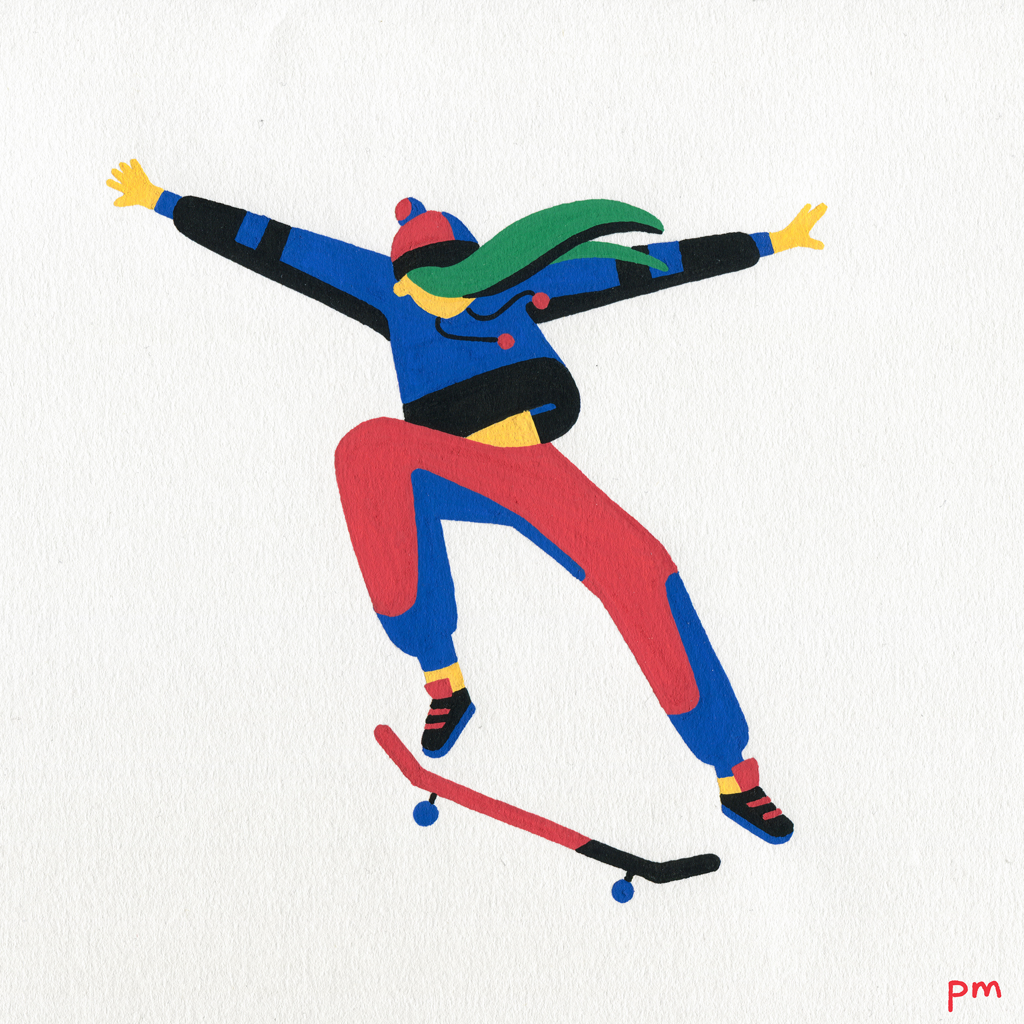 Here is a painted illustration of a woman skateboarder, she is performing a skateboard jump, illustrated for my sports series 'In Motion'