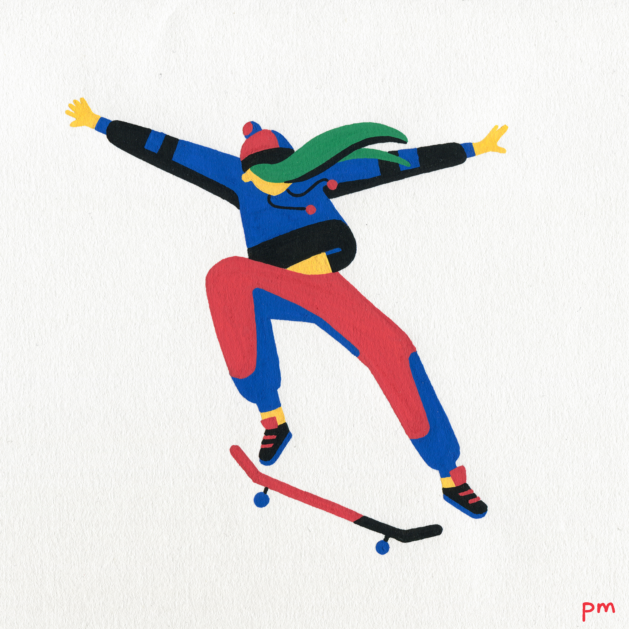 PriyaMistry_In Motion_Jump Here is a painted illustration of a woman skateboarder, she is performing a skateboard jump, illustrated for my sports series 'In Motion'