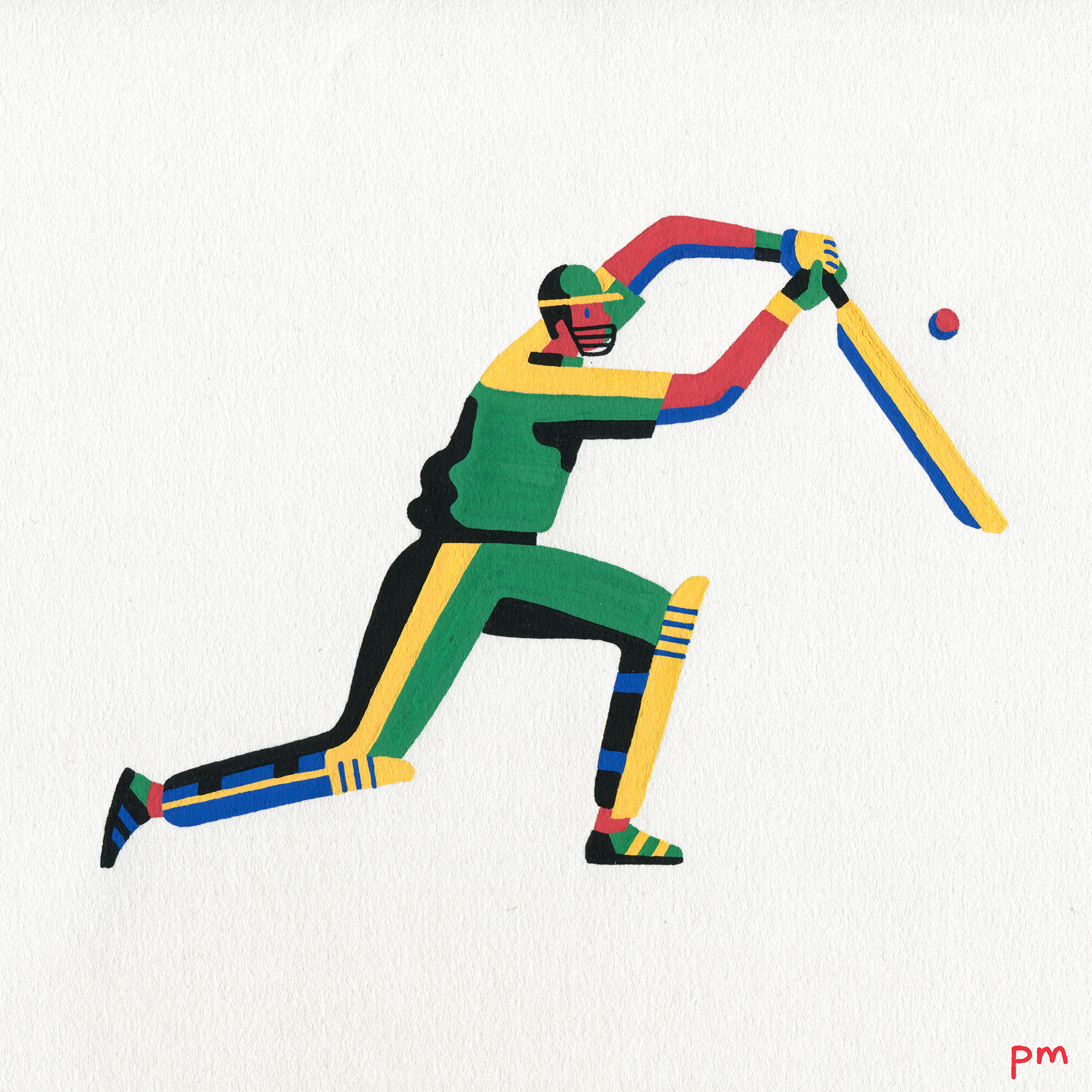 Here is a painted illustration of a batsman playing cricket, I hand drew these using posca markers