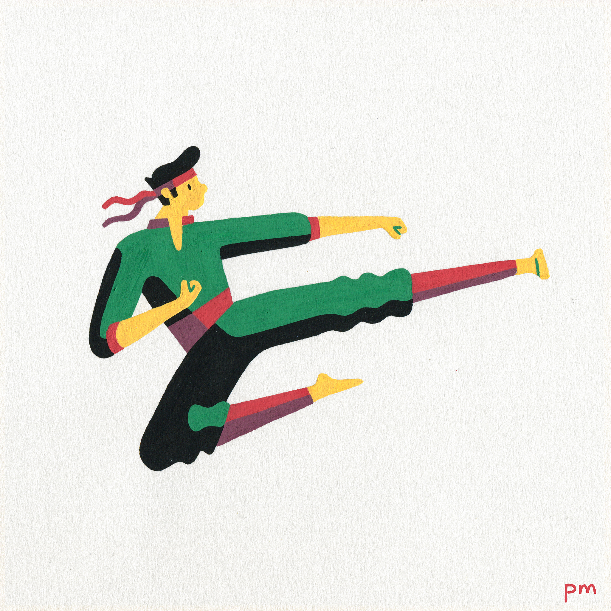 Illustrated martial arts character, displaying a flying-kick karate move for my sports series 'In-Motion', hand-drawn using posca markers.