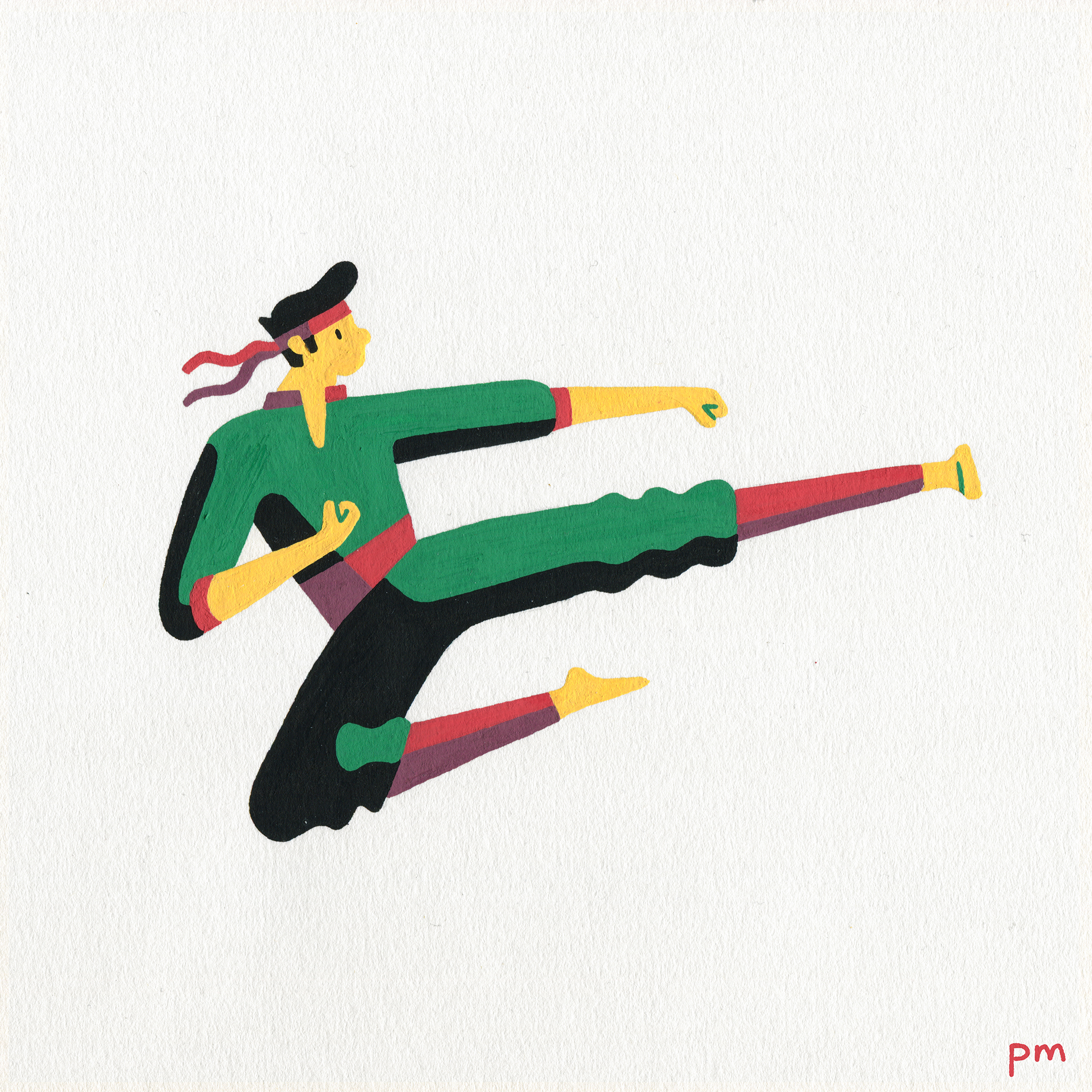 PriyaMistry_In Motion_Flying Illustrated martial arts character, displaying a flying-kick karate move for my sports series 'In-Motion', hand-drawn using posca markers.
